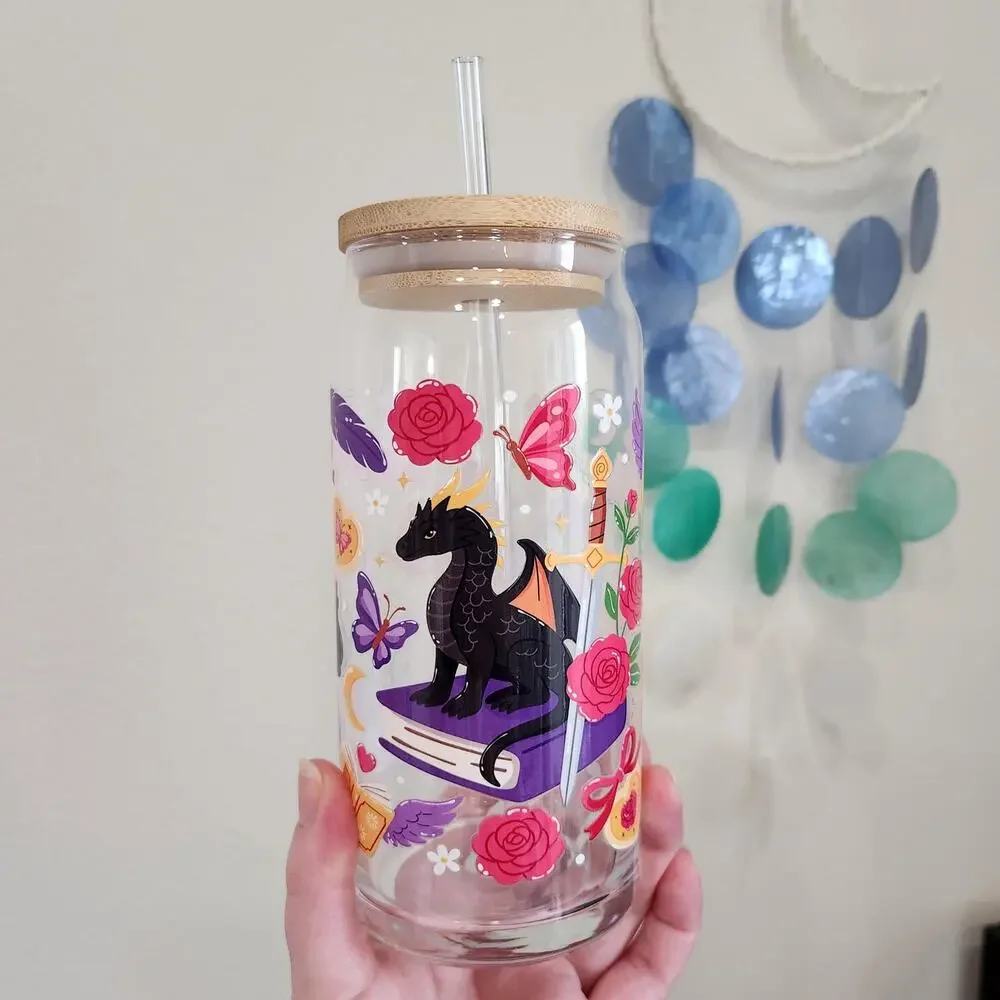 Purple Fantasy Glass Coffee Cup Dragon 20 oz Bookish Reading Gift Flowers Sword